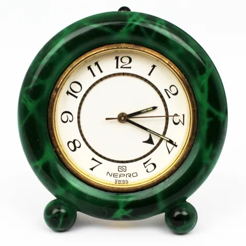 Fine Vintage Malachite Nepro Swiss Miniature Enamel Travel Alarm Clock