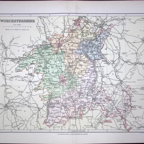 Worcestershire Detailed 1894 Antique Coloured 130 Years-Old Map.