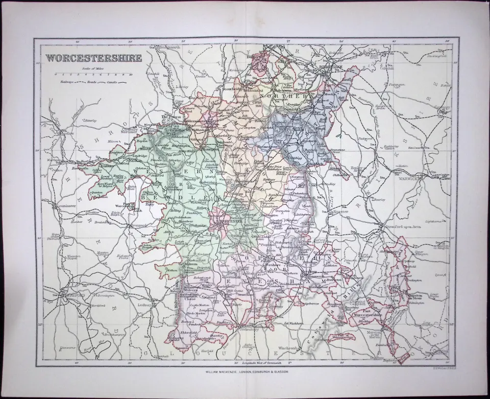 Worcestershire Detailed 1894 Antique Coloured 130 Years-Old Map.