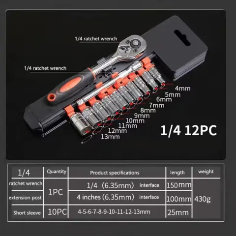 12pcs Socket Ratchet Handle Wrench Set 1/4 Spanner Kit With Extension Rod and 10 Common Sockets