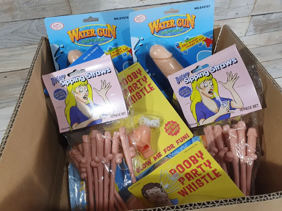Box of Hen Night Party Items. Pack of 10 items, include Willy Straws, Willy Water Pistols.  Rrp £49