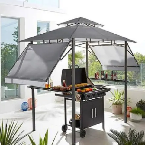 (31/P) RRP £189. BBQ Gazebo With Side Tables And Eaves Grey. Durable & Weather Resistant. Approx Di