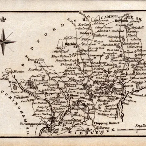 Hertfordshire Antique Copper Engraved George IV Map by Sidney Hall.
