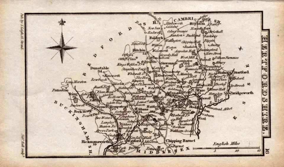 Hertfordshire Antique Copper Engraved George IV Map by Sidney Hall.