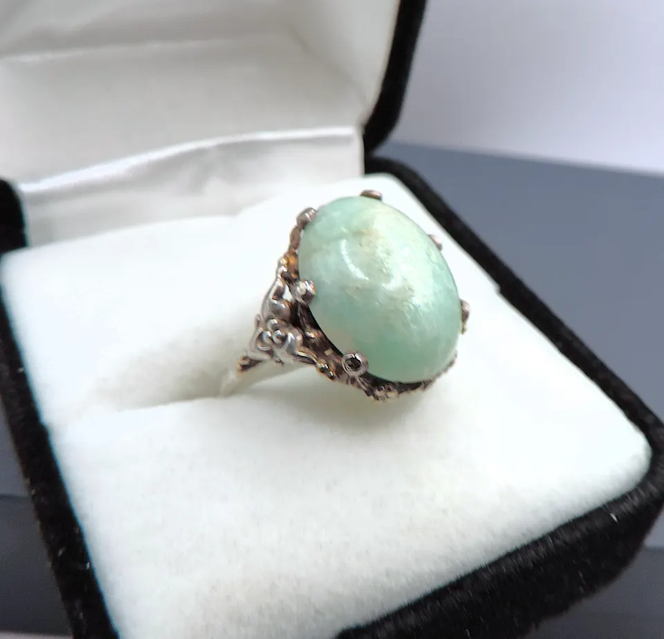 Artisan Sterling Silver Cabochon Amazonite Ring With Gift Pouch