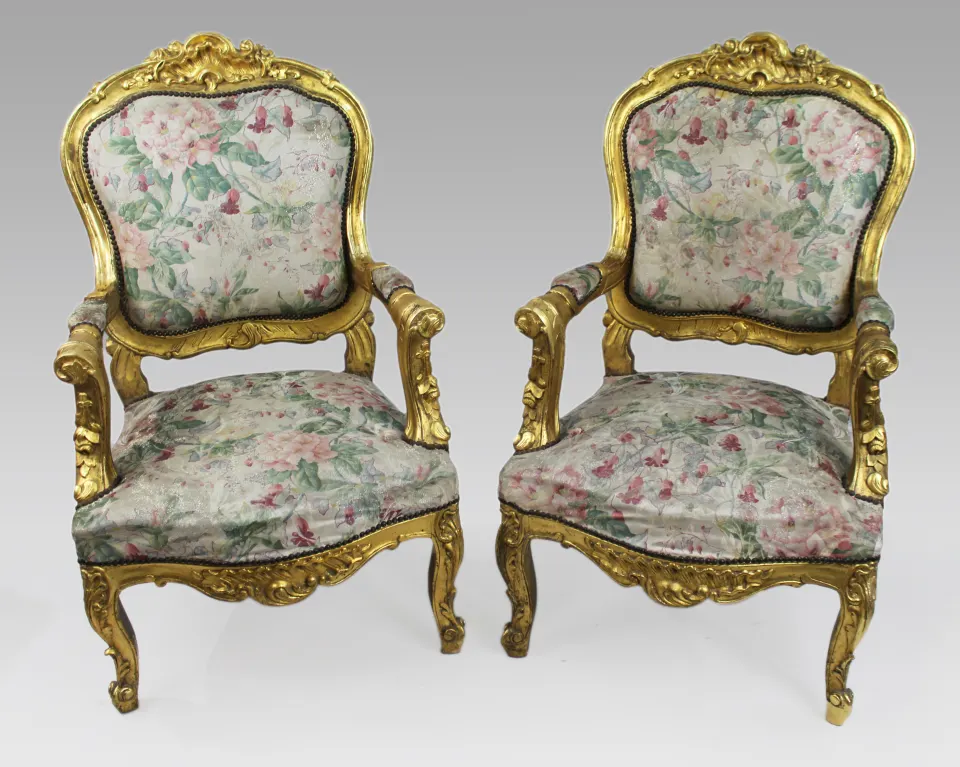 Pair of Vintage Carved Giltwood Louis XV Style Upholstered Armchairs