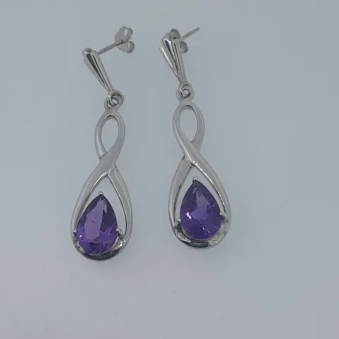 Silver drop earrings set with AAA amethyst pear cut stones