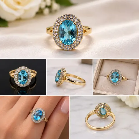 Blue Gemstone Halo Ring - Size 17