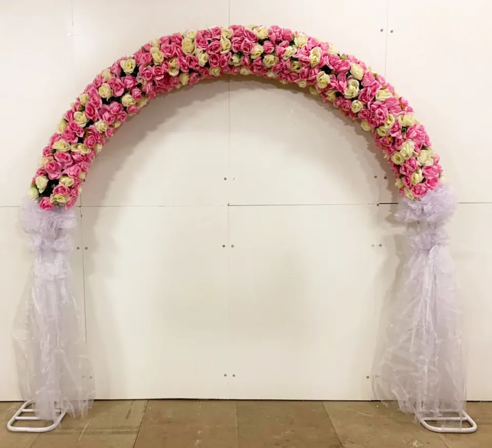 PROFESSIONAL METAL WEDDING FLOWER ARCH 250cm TALL WITH PINK & IVORY ARTIFICIAL FLOWERS. RRP £999