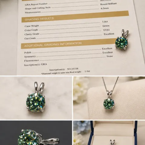 925 Sterling Silver Green Moissanite Pendant – 1.0ct with GRA Report