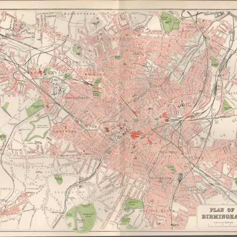 Plan Of Birmingham Victorian 1894 Coloured Antique Map.