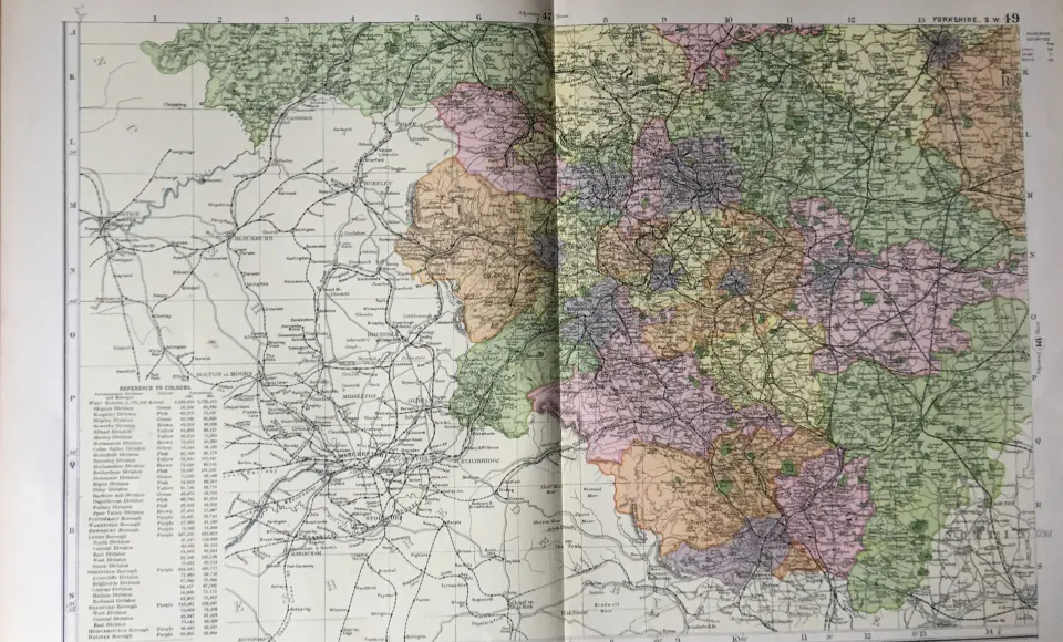 Coloured Antique Large Map Yorkshire South West  GW Bacon 1904