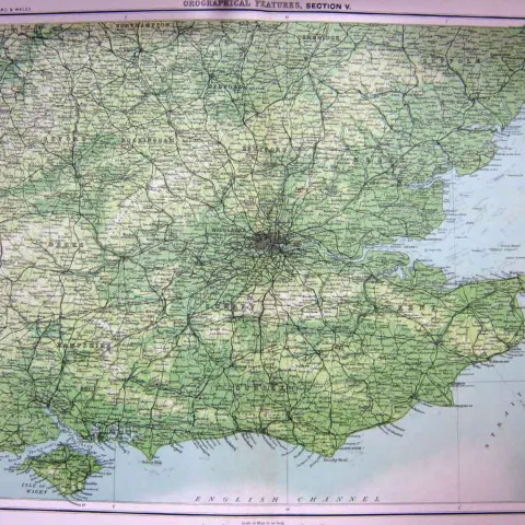 Victorian 1897 Orographical Map Kent, Sussex, Surrey, Hampshire, Berks.