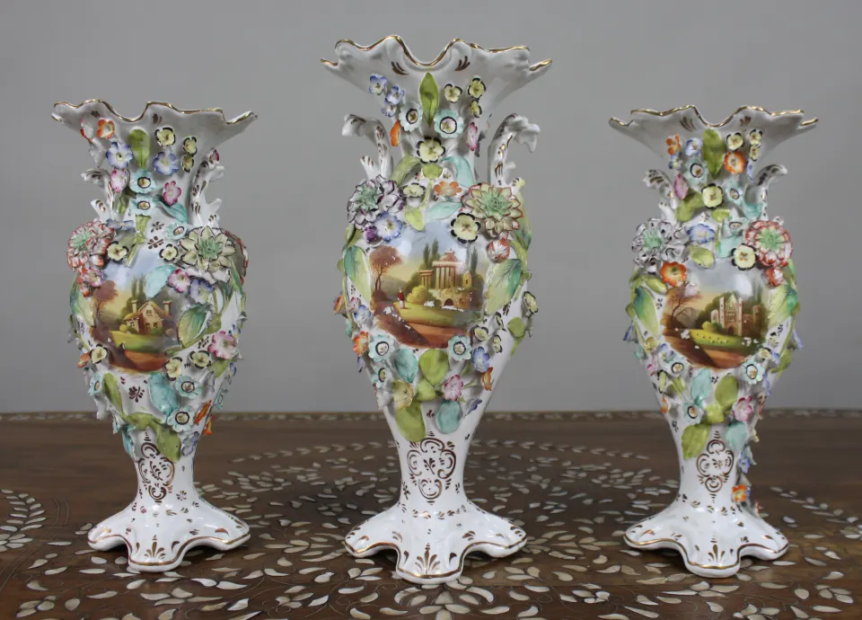 Garniture of Three English Flower-Encrusted Porcelain Vases, c.1850 (probably Samuel Alcock & Co.)