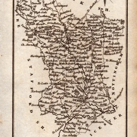 Derbyshire Antique Copper Engraved George IV Map by Sidney Hall.