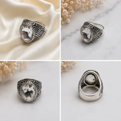 Clear Oval Stone Silver-Tone Statement Ring