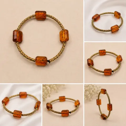 Amber-Colour Bead Bracelet – Gold Tone