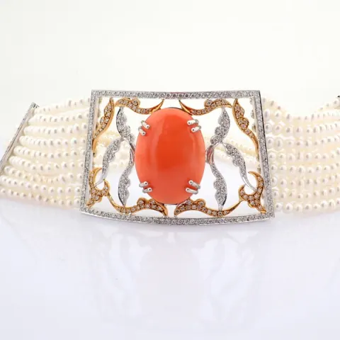 An Exquisite Pearl Chocker Detailed With Coral and Brilliant Diamonds