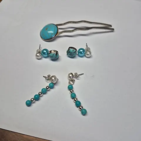 Turquoise-Style Jewellery Set with Hair Pin & Earrings