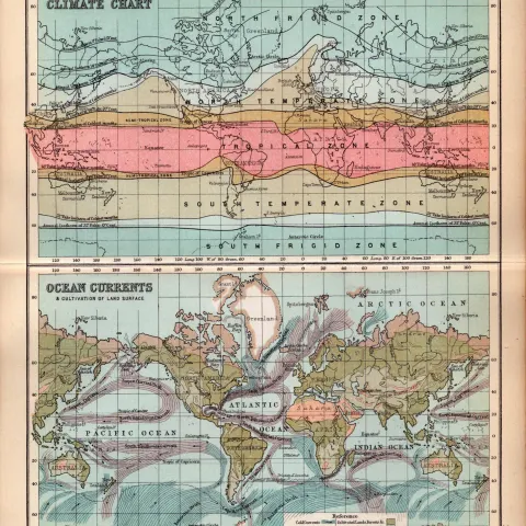 Climate Change Ocean Currents Double Sided Victorian Antique 1898 Map.