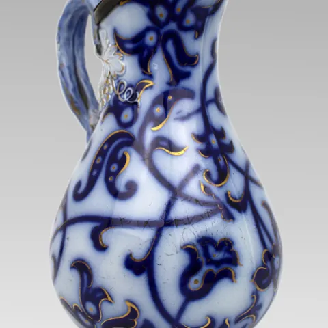 Victorian Flow Blue and Gilded Ceramic Jug with Pewter Lid, England, circa 1850