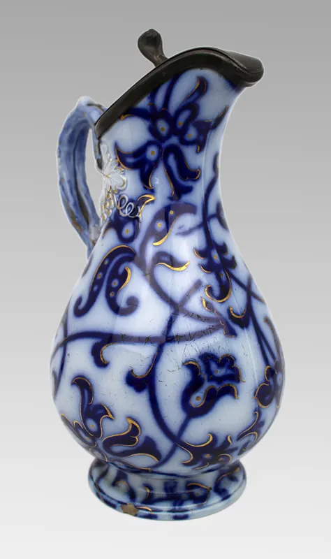 Victorian Flow Blue and Gilded Ceramic Jug with Pewter Lid, England, circa 1850