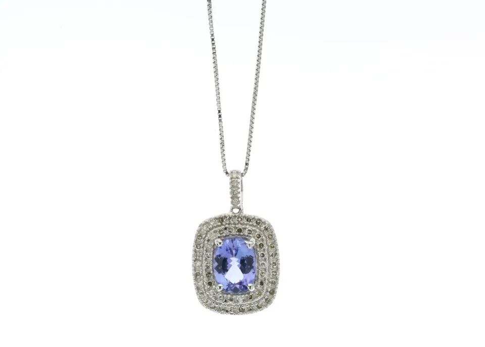 9ct White Gold Oval Tanzanite And Diamond Cluster Pendant 0.28