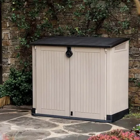 (26/Mez/P10) RRP £125. Keter Store It Out MIDI Beige/Brown. 880L Storage Capacity. Stylish Wood Eff