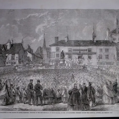 Samuel Crompton Statue Unveiling Nelson Square Bolton  Antique Woodcut Engraving