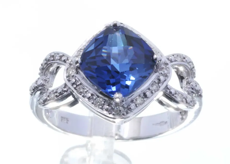 9ct White Gold Created Ceylon Sapphire Diamond Ring (S2.82) 0.11 Carats