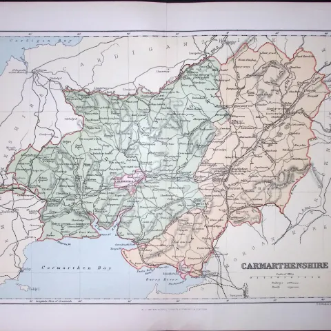 Wales Carmarthenshire Detailed 1894 Coloured Antique  130 Years-Old Map.
