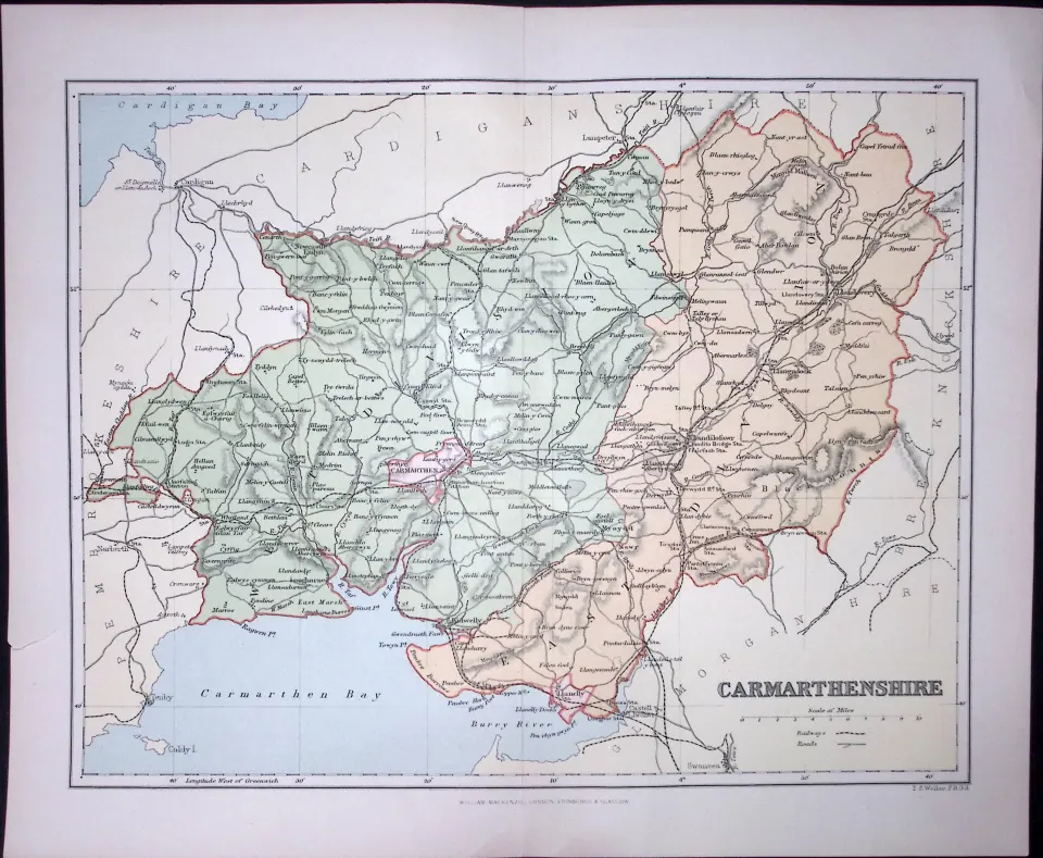Wales Carmarthenshire Detailed 1894 Coloured Antique  130 Years-Old Map.