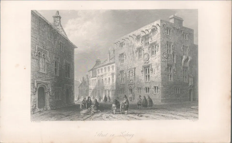 Antique Steel Engraving 1850s Street In Galway.