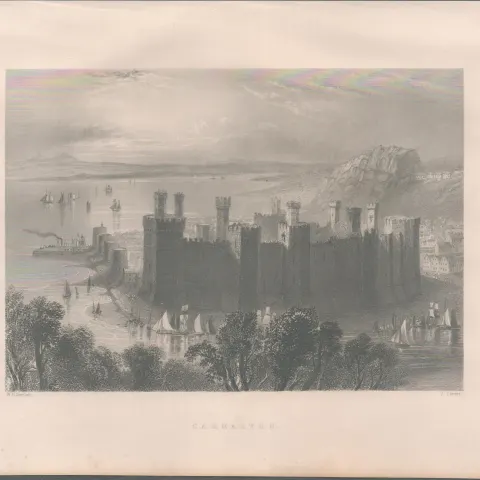 Carnarvon Castle Wales Antique 1842 Steel Engraving.