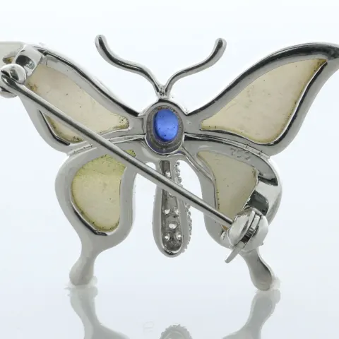 18ct White Gold Diamond Sapphire And Mother of Pearl Brooch 0.10 Carats