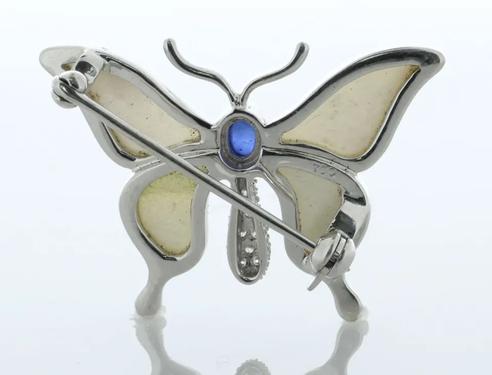 18ct White Gold Diamond Sapphire And Mother of Pearl Brooch 0.10 Carats