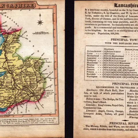 Lancashire Engraved Hand Coloured George IV Antique Map & Text.