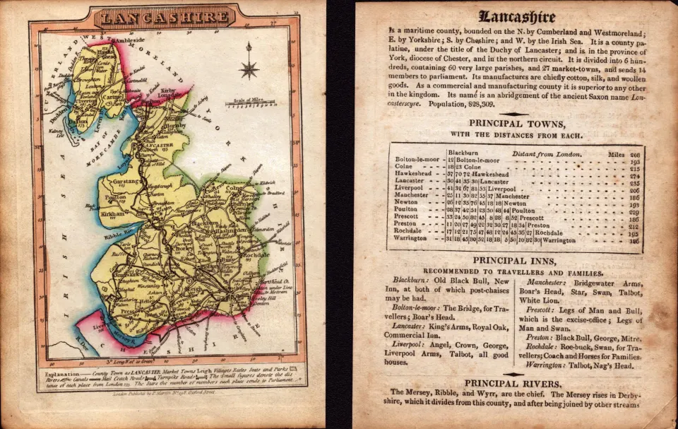 Lancashire Engraved Hand Coloured George IV Antique Map & Text.