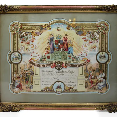 Edwardian Coloured Calligraphic Freemason Artwork Set in Gilt Frame