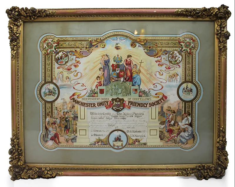 Edwardian Coloured Calligraphic Freemason Artwork Set in Gilt Frame