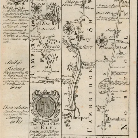 Britannia Depicta E Bowen c1730 Map Puckeridge, Cambridge, Ely, Downham, Kings Lynn.