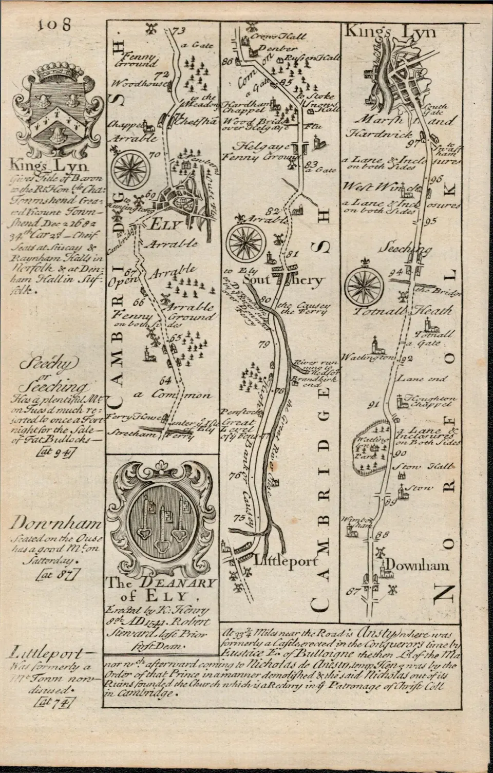 Britannia Depicta E Bowen c1730 Map Puckeridge, Cambridge, Ely, Downham, Kings Lynn.