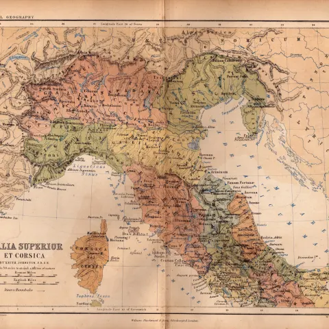 Antique 1867 Coloured Geography Map Italia Et Corsica.