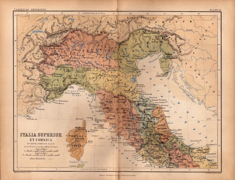 Antique 1867 Coloured Geography Map Italia Et Corsica.