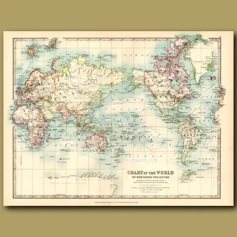 Chart of The World  On Mercators Projection  Large Antique Map.
