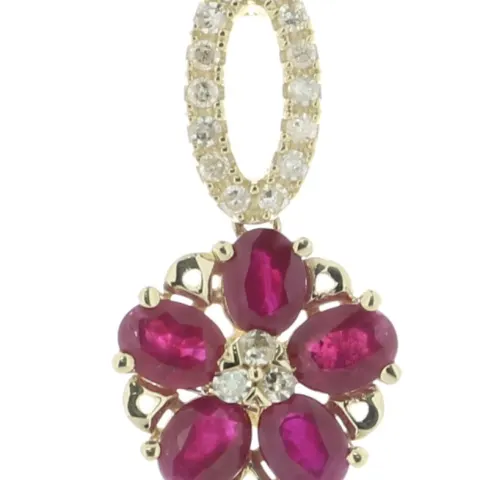 14ct Yellow Gold Flower Cluster Diamond and Ruby Pendant and 18" Chain (R1.45) 0.12 Carats