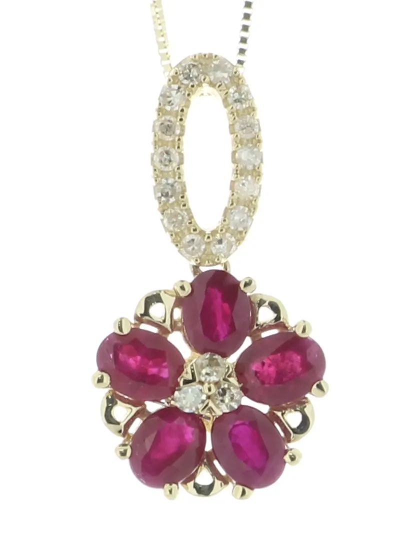 14ct Yellow Gold Flower Cluster Diamond and Ruby Pendant and 18" Chain (R1.45) 0.12 Carats