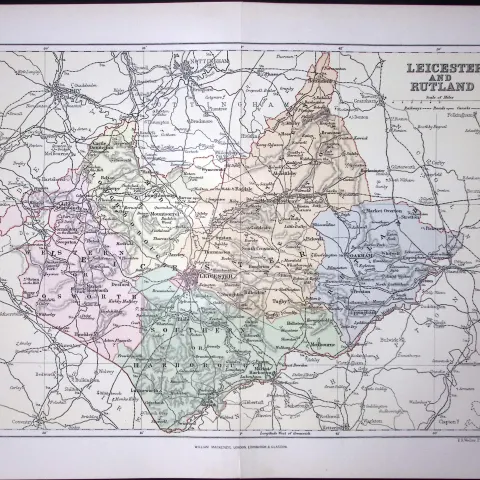 Leicester & Rutland  Detailed 1894 Antique Coloured 130 Years-Old Map.
