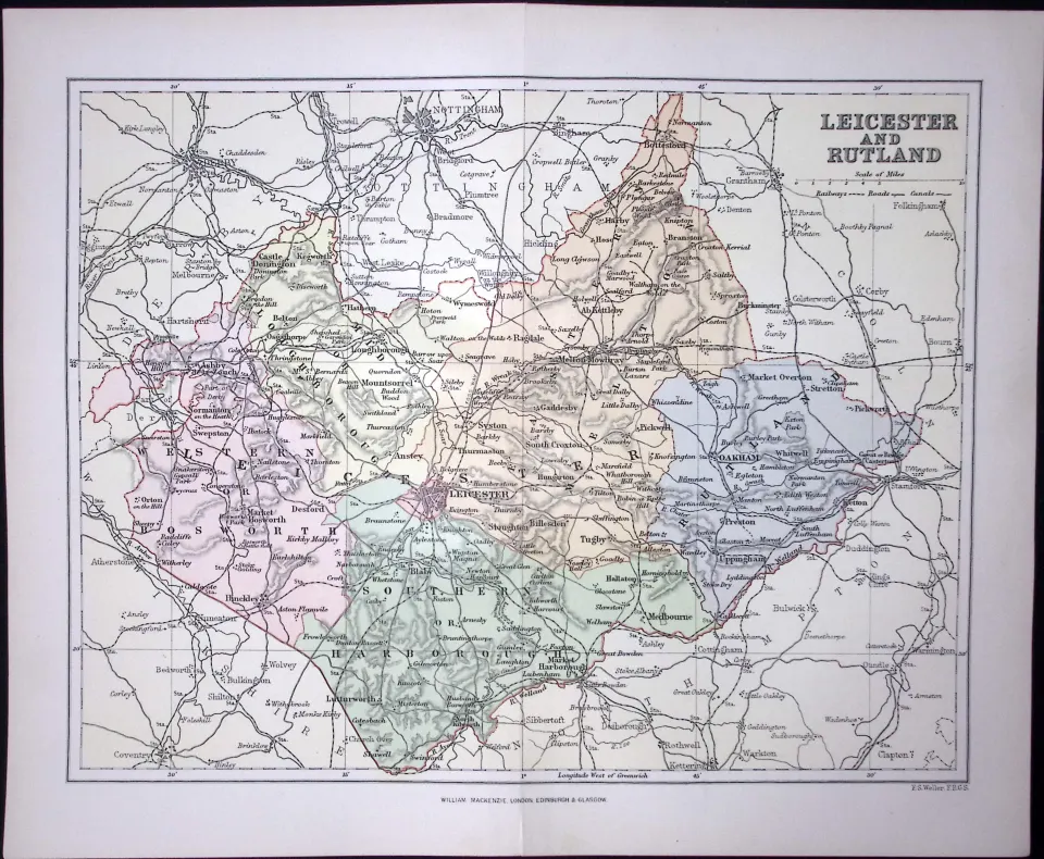 Leicester & Rutland  Detailed 1894 Antique Coloured 130 Years-Old Map.