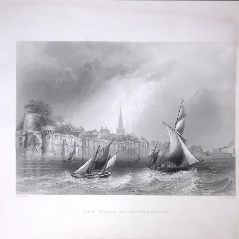 The Walls of Southampton WH Bartlett 1842 Antique Steel Engraving-120